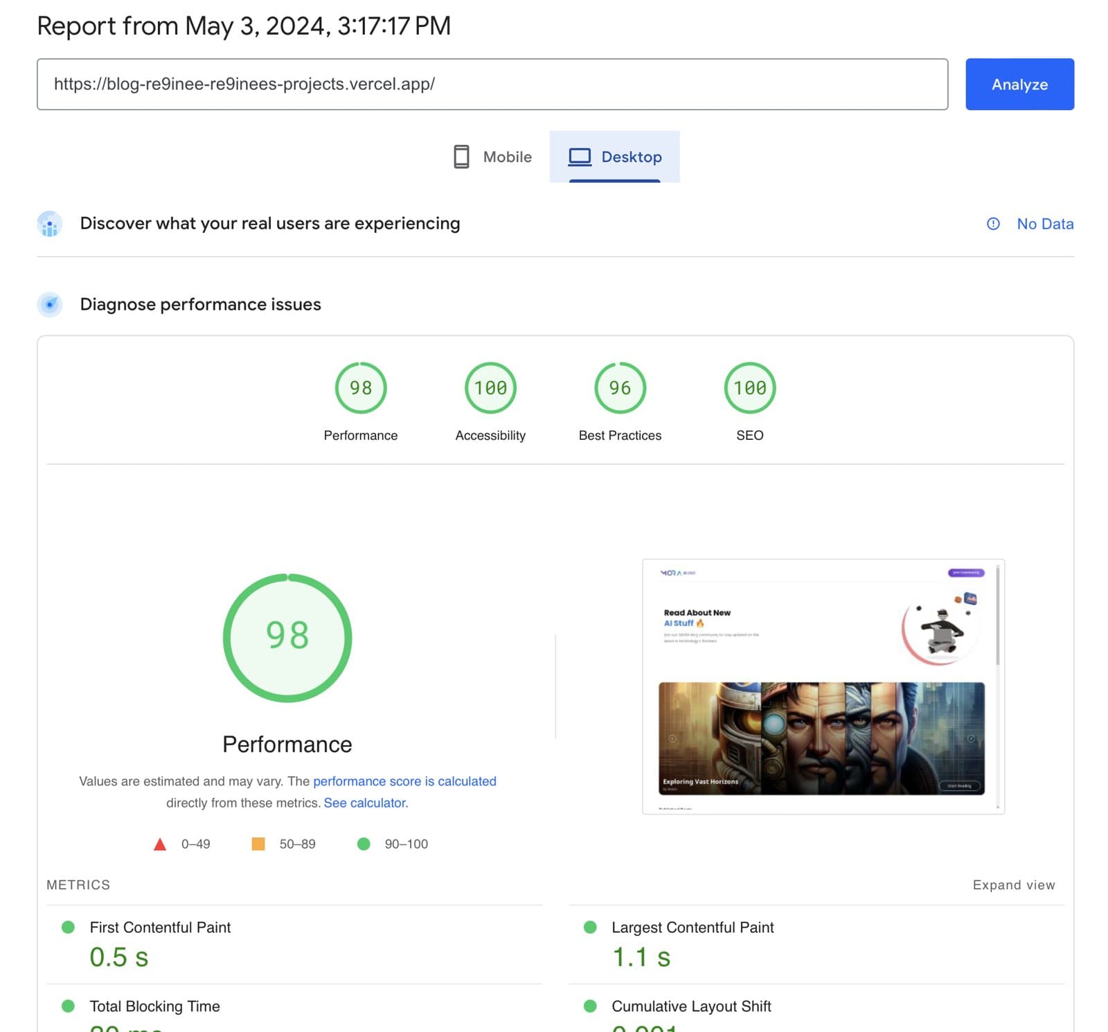 PageSpeed Insights desktop report after the optimisation work: 98 performance, 100 accessibility, 96 best practices, 100 SEO